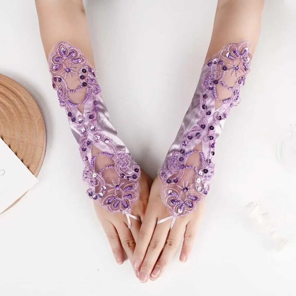 Women's A-Purple Sequins Beads Fingerless Satin Gloves Party Prom Accessories